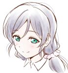  1girl anibache bangs birthday blush commentary eyebrows_visible_through_hair green_eyes long_hair love_live! love_live!_school_idol_project low_twintails pink_scrunchie portrait purple_hair scrunchie smile solo toujou_nozomi twintails white_background 