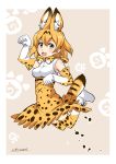  1girl animal_ears bangs blonde_hair blush bow bowtie breasts commentary_request elbow_gloves eyebrows_visible_through_hair full_body gloves jumping kemono_friends musashino_sekai open_mouth paw_pose print_bow print_bowtie serval_(kemono_friends) serval_print shirt short_hair signature skirt sleeveless smile tail thigh-highs 