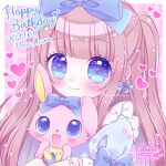  1girl :d bangs blue_bow blue_eyes blue_shirt blush bow bow_earrings brown_hair character_request closed_mouth commentary_request crescent crescent_earrings dated earrings eyebrows_visible_through_hair hair_bow happy_birthday heart highres himetsuki_luna hug jewelpet_(series) jewelry long_hair puffy_short_sleeves puffy_sleeves sanrio shirt short_sleeves smile two_side_up upper_body very_long_hair 