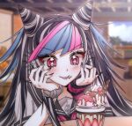  1girl :p bangs black_nails black_sailor_collar blue_hair blunt_bangs blurry blurry_background blush danganronpa_(series) danganronpa_2:_goodbye_despair ear_piercing food glass grey_shirt hair_horns hands_up highres ice_cream long_hair mioda_ibuki mouth_piercing multicolored_hair nail_polish piercing pink_hair sailor_collar scrunchie shirt short_sleeves sionronpa smile solo star_(symbol) star_in_eye symbol_in_eye tongue tongue_out white_hair wrist_scrunchie 