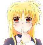  2girls blonde_hair blush fate_testarossa female_pov finger_to_mouth heart heart-shaped_pupils kerorokjy long_hair lyrical_nanoha mahou_shoujo_lyrical_nanoha_strikers multiple_girls pov red_eyes symbol-shaped_pupils takamachi_nanoha tsab_air_military_uniform very_long_hair yuri 