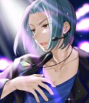  1boy alternate_costume black_jacket blue_hair blue_shirt collarbone ferdinand_(honzuki_no_gekokujou) hair_intakes headset highres honzuki_no_gekokujou idol jacket jewelry long_sleeves male_focus microphone music open_clothes open_jacket open_mouth pendant shiny shiny_hair shirt short_hair singing solo stage upper_body yellow_eyes yumeha_tseru 