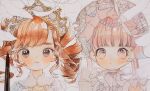  2girls art_brush bangs benko black_eyes blunt_bangs blush bonnet brown_hair crown dot_mouth dress drill_hair earrings frilled_sleeves frills gradient_eyes highres jewelry lolita_fashion long_hair looking_at_viewer multicolored_eyes multiple_girls original paintbrush painting_(medium) pearl_hair_ornament photo_(medium) ribbon short_sleeves sidelocks stud_earrings swept_bangs symbol-only_commentary thick_eyebrows traditional_media twin_drills twintails unfinished upper_body watercolor_(medium) 