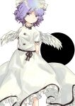 1girl absurdres angel_wings arms_behind_back black_ribbon black_sash blue_eyes bow breasts buttons closed_mouth commentary_request dress expressionless feathered_wings frilled_dress frilled_sleeves frills hair_bow highres light_blue_hair mai_(touhou) neck_ribbon puffy_short_sleeves puffy_sleeves ribbon sash short_hair short_sleeves small_breasts solo touhou touhou_tag_dream user_ymad5434 wavy_hair white_bow white_dress white_wings wings 
