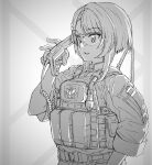  1girl aizawa_kazuha ammunition_pouch arm_at_side assault_lily asymmetrical_hair bangs commentary english_commentary eyebrows_visible_through_hair gloves gradient gradient_background grey_background greyscale hair_ornament hairclip hand_up highres holding jacket load_bearing_vest looking_away mixed-language_commentary monochrome parted_lips petag2 pouch radio shooting_glasses short_hair short_sleeves solo standing tactical_clothes upper_body white_background 
