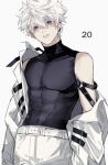  1boy abs bangs belt black_shirt blue_eyes cowboy_shot earrings hair_between_eyes highres hunter_x_hunter jacket jewelry killua_zoldyck long_sleeves looking_at_viewer male_focus multiple_earrings off_shoulder older open_clothes open_jacket pants parted_lips shirt simple_background sleeveless sleeveless_shirt solo spiky_hair tight tight_shirt to_e toned toned_male turtleneck white_background white_hair white_jacket white_pants 