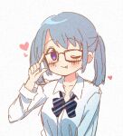  1girl ;p adjusting_eyewear arm_at_side bangs bespectacled blue_bow blue_bowtie blue_hair blush bow bowtie diagonal-striped_bowtie dot_nose eyebrows_visible_through_hair glasses heart janomiya_school_uniform kasane_ao long_sleeves loose_bowtie magia_record:_mahou_shoujo_madoka_magica_gaiden mahou_shoujo_madoka_magica medium_hair one_eye_closed partially_unbuttoned ruru_(rurumagi) school_uniform shirt sidelocks simple_background smile solo swept_bangs tongue tongue_out twintails upper_body white_background white_shirt 