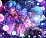  1girl book bow capelet chromatic_aberration crescent crescent_hat_ornament danmaku dress full_moon hat hat_ornament light_smile long_hair long_sleeves looking_at_viewer magic magic_circle moon open_book patchouli_knowledge purple_hair red_bow ribbon solo touhou violet_eyes zukapin 