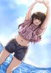  1girl alternate_costume black_hair blue_sky brown_eyes clouds commentary_request cowboy_shot denim denim_shorts kantai_collection ld_(luna_dial398) long_hair looking_at_viewer midriff multicolored_hair naganami_(kancolle) navel pink_hair pink_shirt shirt shorts sky solo standing stretch sun two-tone_hair water wavy_hair 