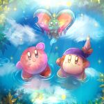  bandana bandana_waddle_dee blue_bandana blue_eyes blue_sky blush_stickers brown_eyes clouds elfilin highres kirby kirby_(series) kirby_and_the_forgotten_land konna-nani leaf looking_up polearm reflection reflective_water sky smile spear weapon 