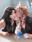  1boy 1girl bare_shoulders black_hair blonde_hair closed_eyes closed_mouth cloud_strife collarbone couple cup drink drinking drinking_straw earrings eyelashes final_fantasy final_fantasy_vii final_fantasy_vii_advent_children highres jewelry long_hair looking_at_another red_eyes ring spiky_hair spykeee tifa_lockhart twitter_username watermark 