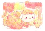  :3 animal animal_focus artist_name autumn autumn_leaves bird bisquii border chibi chick closed_mouth english_commentary holding leaf lying mushroom no_humans on_stomach original outdoors painting_(medium) red_eyes sheep standing traditional_media tree watercolor_(medium) white_border 