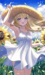  1girl :d absurdres armpits bangs bare_shoulders blonde_hair blue_eyes blue_sky blush breasts clouds cloudy_sky collarbone commentary_request day dress field flower flower_field hand_up hat highres long_hair looking_at_viewer open_mouth original outdoors petals plant poise ribbon sky sleeveless sleeveless_dress small_breasts smile solo spaghetti_strap standing straw_hat sun_hat sundress sunflower white_dress white_ribbon yellow_flower 