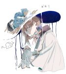  1boy blending blue_bow blue_flower bow brown_hair cape collared_cape commentary_request downer_witch_(vocaloid) dripping flower gold_trim hair_bow hat hat_bow hat_flower hi_(n_e_t) kanae_(nijisanji) long_hair long_sleeves looking_at_viewer low_ponytail nijisanji purple_bow shirt solo two-sided_fabric two-sided_headwear virtual_youtuber white_cape white_shirt witch_hat 