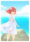  1girl bell brown_eyes brown_hair clouds dress from_behind grin hair_ornament highres jingle_bell looking_back motoori_kosuzu ocean outdoors sen1986 short_hair sky smile solo sundress touhou two_side_up water white_dress wind wind_lift 