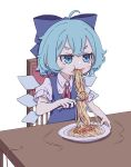  1girl absurdres ahoge blue_bow blue_dress blue_eyes blue_hair blush_stickers bow chair cirno collared_shirt detached_wings dress eating fairy food food_on_face fork hair_between_eyes hair_bow highres holding holding_fork ice ice_wings kame_(kamepan44231) pasta plate puffy_short_sleeves puffy_sleeves shirt short_hair short_sleeves simple_background sitting solo spaghetti touhou white_background white_shirt wings 