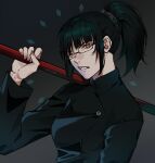  1girl bangs black_background black_hair blunt_bangs breasts clenched_teeth commission english_commentary eriimyon fingernails highres jujutsu_kaisen jujutsu_tech_uniform looking_at_viewer medium_breasts over_shoulder polearm ponytail sidelocks solo teeth twitter_username weapon weapon_over_shoulder yellow_eyes zen&#039;in_maki 