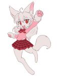  1girl :3 ahoge ancesra animal_ear_fluff animal_ears animal_feet animal_hands animal_nose arm_up artist_name bangs barefoot blush body_fur bow bowtie claws commentary commission english_commentary fang female_child flat_chest flat_color fox_ears fox_girl fox_tail frilled_shirt frilled_sleeves frills full_body furry furry_female hand_up happy highres leg_up light_blush long_hair long_sleeves looking_at_viewer miniskirt non-web_source open_mouth original outstretched_arm patreon_username pawpads pink_shirt plaid plaid_skirt pleated_skirt red_bow red_bowtie red_eyes red_skirt shirt sidelocks simple_background sketch skirt smile snout solo standing standing_on_one_leg tail watermark web_address white_background white_fur white_hair 