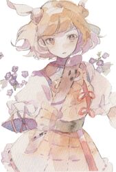  1girl bangs blunt_bangs brown_eyes flower flower_request hairband haniwa_(statue) highres joutouguu_mayumi looking_at_viewer purple_flower ribbon ryokotyu short_hair simple_background solo swept_bangs touhou white_background yellow_eyes 