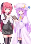 2girls absurdres black_legwear book bow cowboy_shot crescent dress dress_shirt eyebrows_visible_through_hair hat head_wings highres holding holding_book koakuma long_hair long_sleeves looking_at_viewer mob_cap multiple_girls necktie open_mouth patchouli_knowledge purple_hair red_bow red_eyes redhead reimei_(r758120518) ribbon shirt skirt skirt_set striped tail thigh-highs touhou vertical_stripes very_long_hair vest violet_eyes white_background white_shirt wings zettai_ryouiki
