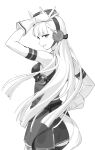  1girl animal_ears bangs blunt_bangs ear_covers gloves gold_ship_(umamusume) greyscale highres horse_ears horse_girl horse_tail long_hair looking_at_viewer looking_back monochrome pillbox_hat shiragixx sleeveless solo tail umamusume white_background 
