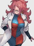 1girl android_21 blue_eyes breasts checkered_clothes checkered_dress closed_mouth dragon_ball dragon_ball_fighterz dress earrings glasses grey_background hand_in_pocket hoop_earrings jewelry kemachiku labcoat long_hair looking_to_the_side medium_breasts redhead simple_background smile solo 