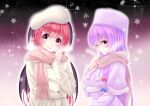  2girls absurdres alternate_costume blush capelet eyebrows_visible_through_hair fur_trim gradient gradient_background hat highres koakuma long_hair multiple_girls patchouli_knowledge pink_eyes pink_hair profile purple_background reimei_(r758120518) scarf short_hair simple_background smile touhou violet_eyes winter_clothes 