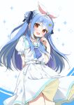  1girl :d animal_ears bangs blue_background blue_bow blue_hair blush bow carrot_hair_ornament commentary_request double_bun dress eyebrows_visible_through_hair food-themed_hair_ornament hair_bow hair_bun hair_ornament hand_up highres hololive long_hair looking_at_viewer mochiko_tsuru multicolored_hair puffy_short_sleeves puffy_sleeves rabbit_ears red_eyes short_eyebrows short_sleeves smile solo streaked_hair thick_eyebrows two-tone_background usada_pekora very_long_hair virtual_youtuber white_background white_dress white_hair 