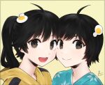  2girls :d absurdres ahoge aqua_kimono araragi_karen araragi_tsukihi artist_name bangs black_hair brown_eyes close-up closed_mouth commentary egg_hair_ornament english_commentary food-themed_hair_ornament fried_egg hair_between_eyes hair_ornament heads_together highres jacket japanese_clothes kimono light_smile long_hair monogatari_(series) multiple_girls open_mouth piancaesar portrait short_hair siblings side_ponytail signature simple_background sisters smile striped striped_jacket track_jacket yellow_background yellow_jacket 