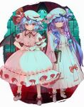  2girls bat_wings blue_bow blue_hair blush bow crescent dress eyebrows_visible_through_hair hat hat_ribbon jewelry long_hair looking_at_viewer mob_cap multiple_girls patchouli_knowledge puffy_sleeves purple_hair red_bow red_eyes red_ribbon remilia_scarlet ribbon shoes short_hair smile socks standing syuri22 touhou violet_eyes wings 