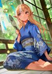  1girl alternate_costume barefoot blonde_hair blue_kimono blurry bokeh closed_mouth commentary dark-skinned_female dark_skin day depth_of_field elf eyebrows_visible_through_hair floral_print full_body hair_down hand_fan highres holding holding_fan hololive japanese_clothes kimono lack long_hair looking_to_the_side multicolored_hair obi paper_fan pointy_ears porch red_eyes sash shiranui_flare sitting smile solo streaked_hair tree two-tone_hair uchiwa virtual_youtuber white_hair wind_chime yokozuwari 