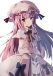  1girl bangs blue_bow bow capelet crescent crescent_hat_ornament dress eyebrows_visible_through_hair hat hat_ornament highres long_hair long_sleeves looking_at_viewer mob_cap natsume_suzuri patchouli_knowledge purple_hair red_bow ribbon simple_background solo striped touhou very_long_hair violet_eyes white_background 