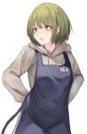  1girl :o apron arms_behind_back blue_apron green_eyes green_hair grey_hoodie highres hood hoodie idolmaster idolmaster_shiny_colors looking_afar name_tag nanakusa_nichika short_hair simple_background solo white_background zundakun0123 