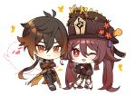  1boy 1girl brown_hair chibi closed_mouth crossed_arms dragon flower genshin_impact ghost gradient_hair hat highres hu_tao_(genshin_impact) long_hair multicolored_hair one_eye_closed open_mouth simple_background sp0i0ppp star-shaped_pupils star_(symbol) symbol-shaped_pupils twintails very_long_hair white_background zhongli_(genshin_impact) 