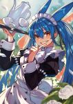  1girl animal_ears blue_hair bow cup extra_ears flower hair_between_eyes highres holding holding_tray index_finger_raised long_sleeves looking_at_viewer maid original outdoors red_eyes rumie sharp_teeth smile solo standing teacup teapot teeth tiona tray twintails white_bow 