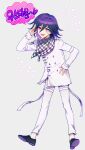  1boy :d bangs black_footwear blush_stickers buttons checkered_clothes checkered_scarf danganronpa_(series) danganronpa_v3:_killing_harmony double-breasted flipped_hair full_body grey_background hair_between_eyes hand_up highres long_sleeves looking_at_viewer male_focus ouma_kokichi pink_eyes pink_footwear pink_hair ppap_(11zhakdpek19) scarf shoes smile solo teeth translation_request upper_teeth 