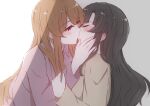  2girls absurdres assault_lily black_hair blush brown_hair closed_eyes commentary_request ear_blush eyebrows_visible_through_hair heterochromia highres kiss kuo_shenlin long_hair multiple_girls pink_eyes user_ctzu3228 wang_yujia yellow_eyes yuri 