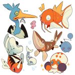  ... :3 animal arrokuda bird black_eyes blue_eyes clobbopus closed_mouth commentary cramorant fish from_side green_eyes highres looking_at_viewer luvdisc magikarp marill no_humans open_mouth pokemon seaking simple_background smile sparkle tiki_(tikivt) white_background wishiwashi wishiwashi_(solo) 