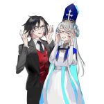  1boy 1girl black_hair blue_cape cape constantine_xi_(fate) dress earrings fate/grand_order fate_(series) formal glasses grey_hair grin hat highres jewelry long_hair looped_braids mitre necktie pope_joan_(fate) red_vest smile suit ubwmitekure vest white_background white_dress 