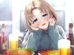 1girl :d alcohol bangs beer beer_bottle beer_mug blue_eyes blurry blurry_background blush brown_hair commentary_request cup depth_of_field eyebrows_visible_through_hair fang food grey_sweater hasumi_(hasubatake39) head_tilt highres long_sleeves looking_at_viewer mug nose_blush original parted_bangs ribbed_sweater sleeves_past_wrists smile solo sweater turtleneck turtleneck_sweater upper_body 