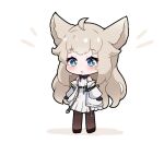  :o ahoge animal_ears arknights arknights:_endfield bangs bare_shoulders bird_ears blonde_hair blue_eyes blush brown_legwear chibi dress eyebrows_visible_through_hair full_body jacket kurotofu long_hair long_sleeves looking_at_viewer off_shoulder open_clothes open_jacket pantyhose parted_lips perlica_(arknights) simple_background standing very_long_hair white_background white_dress white_jacket 