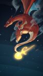  charizard claws closed_mouth commentary_request fang fang_out flame-tipped_tail flying highres n-shi_(fruit1830) night no_humans outdoors pokemon pokemon_(creature) signature solo 