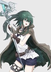  1girl absurdres belt choker cloak cowboy_shot duel_monster fingerless_gloves gloves green_hair highres holding holding_staff hood hood_down jewelry kote_menn long_hair necklace open_mouth pom_pom_(clothes) ponytail ring shirt short_shorts shorts solo staff star-shaped_pupils star_(symbol) symbol-shaped_pupils thighlet winda_priestess_of_gusto yu-gi-oh! 