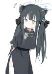  1girl animal_ears bangs black_dress black_hair blue_archive blush china_dress chinese_clothes closed_mouth dress green_eyes hair_ribbon halo highres long_hair low_twintails notice_lines ribbon sanma_(tabet_) short_sleeves shun_(blue_archive) shun_(small)_(blue_archive) side_slit simple_background solo thigh-highs tiger_ears twintails white_background white_legwear 