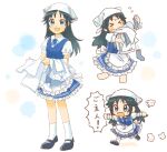  &gt;_&lt; alternate_costume apron bangs black_footwear black_hair blue_eyes blue_skirt blue_vest chibi commentary_request enmaided eyebrows_visible_through_hair flying_sweatdrops frilled_apron frilled_skirt frills head_scarf highres holding holding_towel idolmaster idolmaster_cinderella_girls laundry legs light_blush long_hair looking_at_viewer maid maru_(hjsvvf9q8culnzi) multiple_views nanjo_hikaru open_mouth outstretched_arms running shirt shoes short_sleeves skirt smile socks speech_bubble standing towel vest waist_apron white_apron white_background white_headwear white_legwear white_shirt wing_collar 