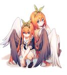  2girls bangs black_footwear black_shirt black_wings blue_eyes blush bow closed_mouth collarbone eyebrows_visible_through_hair feathered_wings go-toubun_no_hanayome green_bow green_hairband grey_legwear hair_between_eyes hair_bow hairband highres loafers long_hair looking_at_viewer looking_back miniskirt multiple_girls nakano_yotsuba neckerchief orange_hair pleated_skirt sailor_collar sailor_shirt school_uniform serafuku shiny shiny_hair shirt shoes short_sleeves simple_background sitting skirt smile socks squatting sweater sweater_vest very_long_hair white_background white_neckerchief white_sailor_collar white_skirt white_wings wings yellow_sweater yunweishukuang 