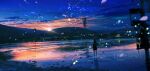  1girl absurdres blue_hair blurry bridge bug chinese_commentary clouds facing_away firefly from_behind full_body highres house lifeline_(a384079959) mountainous_horizon original outdoors petals reflection river rock scenery sky solo standing sunrise utility_pole 