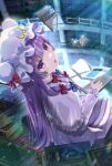  1girl bangs blue_bow book bookshelf bow crescent dress eyebrows_visible_through_hair from_above fujiwara_aoi hair_bow hair_ribbon hat holding holding_book long_hair long_sleeves looking_at_viewer mob_cap open_mouth patchouli_knowledge purple_hair red_bow ribbon sitting solo striped touhou very_long_hair violet_eyes 