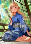  1girl alternate_costume barefoot blonde_hair blue_kimono blurry bokeh closed_mouth commentary dark-skinned_female dark_skin day depth_of_field eyebrows_visible_through_hair floral_print full_body hair_down hand_fan highres holding holding_fan hololive japanese_clothes kimono lack long_hair looking_to_the_side multicolored_hair obi paper_fan pointy_ears porch red_eyes sash shiranui_flare sitting smile solo streaked_hair tree two-tone_hair uchiwa virtual_youtuber white_hair wind_chime yokozuwari 