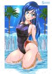 1girl arms_behind_back barefoot black_swimsuit blue_hair blue_sky braid clouds commentary_request competition_swimsuit crown_braid day dokidoki!_precure groin highleg highleg_swimsuit highres hishikawa_rikka kneeling long_hair one-piece_swimsuit outdoors palm_tree precure short_hair sky solo sun swimsuit takaishi_fuu tree water wet wet_clothes wet_swimsuit